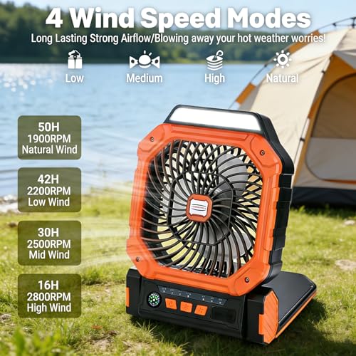 Solar Fan, Solar Powered Fan, Solar Fans For Outside ,Camping Fan, With 2 Charging Modes, 4-Speed Wind & 3-Gen Led Light, Portable Rechargeable Ventilador Recargable For Outdoor Travel & Home(Orange)