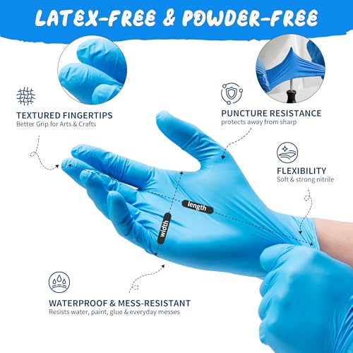 XXS Kids Nitrile Gloves, Latex & Powder Free, 4 Mil, 50 Pairs | XXS Fits Ages 3-8, Food-Grade Material, Waterproof, Textured Grip, Crafts, Painting, Cooking, Science, Messy Play - color: Blue