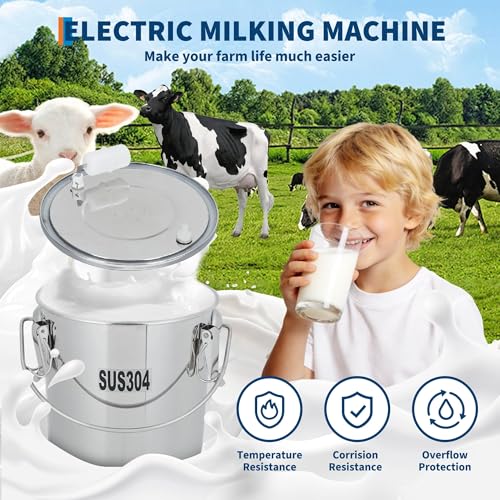 6L Electric Goat Milking Machine, 304 Stainless Steel Bucket, Portable Rechargeable Air Suction Pulsation Vacuum Milker, 4 Safe Grade Silicone Teat Cups, Adjustable Suction for Cows Goats and Sheep