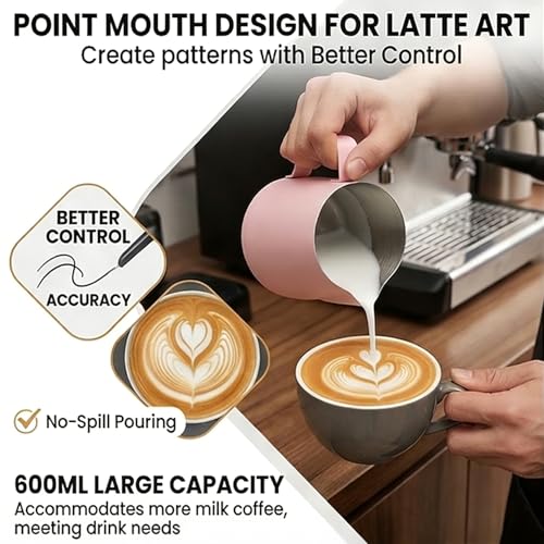 Milk Frothing Pitcher 20oz (600ml) – Stainless Steel Latte Art Pitcher with Inner Scale & Pointed Spout for Espresso Machine & Coffee Barista Tools – Pink Stainless Steel Milk Frother - color: Pink