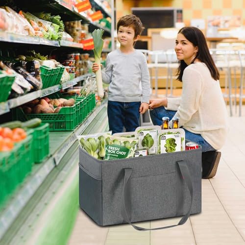 LHZK Standing Utility Tote Bag with Metal Wire Frame and the Sides Rinforced, Large Tote Bag with Handle, Reusable Grocery Bags Foldable, Beach Bag, Car Tote (Grey, 18.5''x11.8''x11.5'') - color: Dark Gray, size: 18.5''x11.8''x11.5''-1 Pack