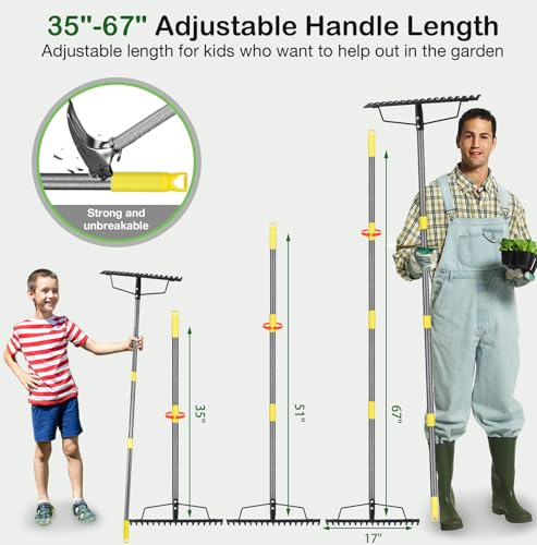 Heavy Duty Metal Bow Rake for Lawn , 17 Steel Tines Garden Rake | 17 Inch Wide, 35"-67" Adjustable Long Handle, Ideal Garden Tool for Soil Leveling, Leaf Gathering & Lawn Care