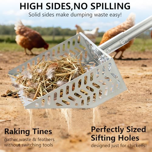 304 Stainless Steel Chicken Poop Scooper & Rake 2-in-1 with Spill-Proof Sides, 10 inch Coop Scoop - 38" to 80" Adjustable Handle & Perfect Sifting Holes