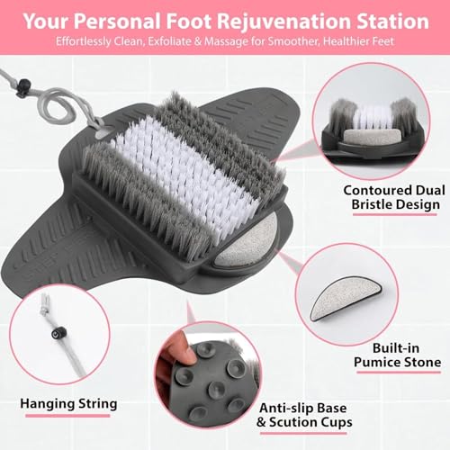 Efforest Shower Foot Scrubber Mat with Pumice Stone - Cleans, Smooths & Removes Dead Skin on Foot Without Bending, Foot Callus Remover with Non-Slip Suction Cups, Foot Scraper for Shower & Bathtub - color: Gray