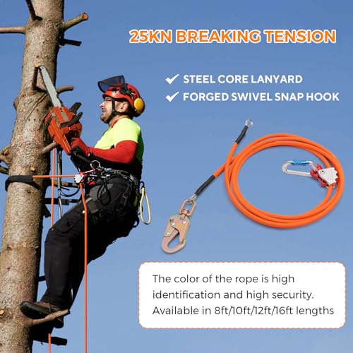 16ft Steel Wire Core Flipline, 3300Lbs Arborist Positioning Lanyard Kit | Flip line with Triple Lock Carabiner, Swivel Snap Hook and Rope Grab for Large Trunk Climbing, Tall Tree Care and Rescue - size: 1/2’’ x 16 ft