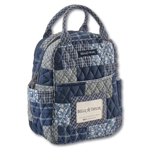 Bella Taylor Lunch Tote, Quilted Lunch Bag, Heritage Blue Patch | Lightweight quilted cotton lunch box, easy-to-clean PEVA lining, 3 outside/1 inside pocket, durable construction - color: Heritage Blue Patch
