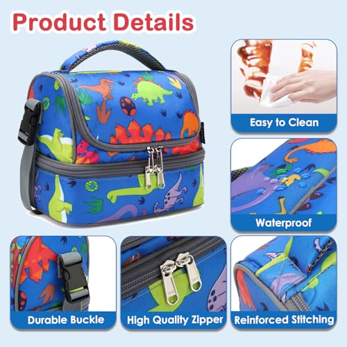 FlowFly Kids Double Decker Cooler Insulated Lunch Bag Large Tote for Boys, Girls, Men, Women, With Adjustable Strap, Dinosaur - color: Dinosaur