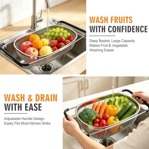 Palksky Over the Sink Colander, Stainless Steel Fine Mesh, 6 Quart 2 Pack | Expandable handles fit most sinks; fine mesh drains pasta, rice & produce - color: 6-Quart Over the Sink Colander 2 PCS