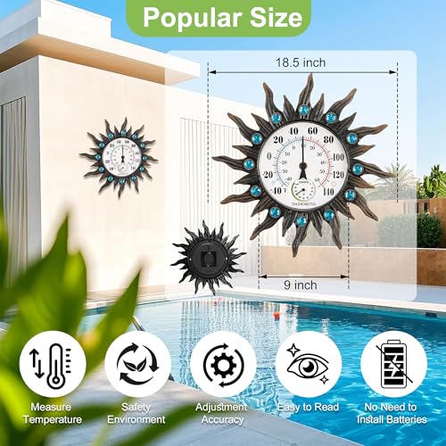 18" Large Outdoor Thermometer with Humidity, Vintage Sun Wall Thermometer | 10" Dial Large Number Easy-Read, Auto Calibration, Waterproof for Patio Garden Yard & Indoor Decor, No Batteries Required