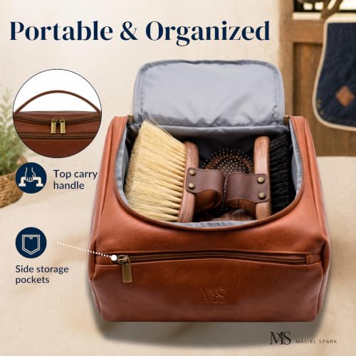 Premium Horse Brushes Set (4 Pieces) - Essential Equine Care Set with Beechwood Brushes, Natural Bristles, and Handcrafted Leather Bag - Luxury Gift for Horse Riders and Owners