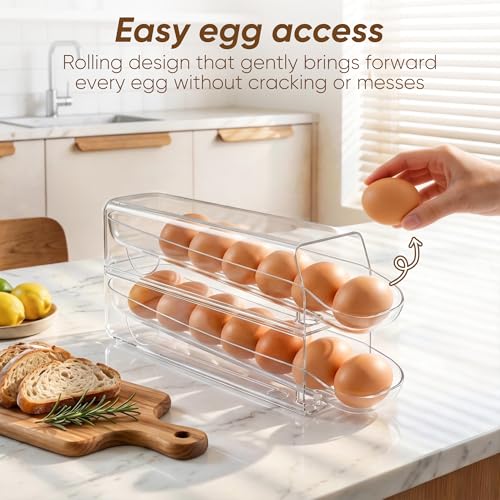 theaoo Auto Rolling Egg Dispenser for Refrigerator with Quick Removable Inner Tray, Space-Saving Egg Organizer and Holder, Egg Storage Container for Fridge, Easy to Load and Grab Eggs (1 Pack)