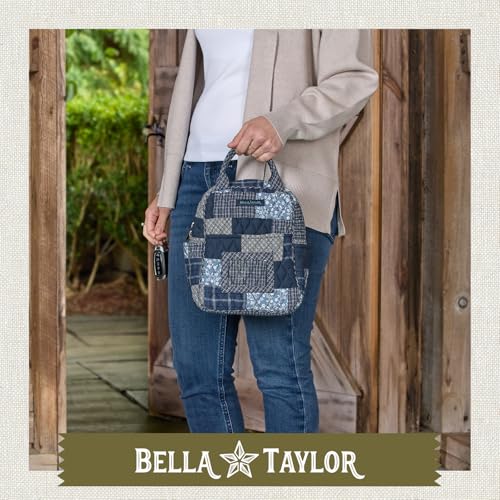 Bella Taylor Lunch Tote, Quilted Lunch Bag, Heritage Blue Patch | Lightweight quilted cotton lunch box, easy-to-clean PEVA lining, 3 outside/1 inside pocket, durable construction - color: Heritage Blue Patch