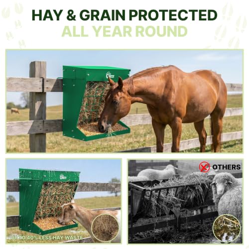 Wall Mount Hay Rack And Hay Feeder For Goats Sheep And Horses, Covered Galvanized Steel Goat Hay Feeder With Hinged Roof, 25 Gallon 2-In-1 No Waste Hanging Holder Grain Bin with hook For Cattle - color: Green