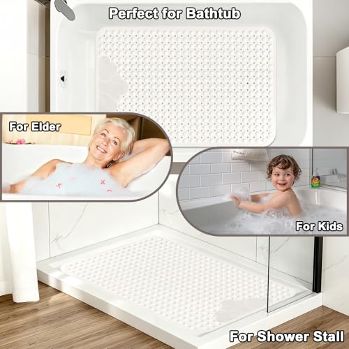 Extra Large Shower Foot Scrubber Mat, Yonala 47x33 Inch Non Slip Shower Mats for Elderly, Anti Slip Shower Mat with Suction Cups, Soft Trimmable TPE Shower Mat for Walk in Shower Stall, Heavy Mat - color: White