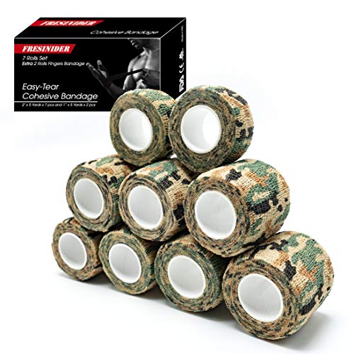 FRESINIDER 9 Rolls Self Adhesive Wrap Athletic Tape Gauze, Breathable Elastic Cohesive Bandage for Sports Injury & Pet (7 Pcs 2" x 5 Yards + 2 Pcs 1" X 5 Yards) (German Woodland Camo) - color: German Woodland Camo