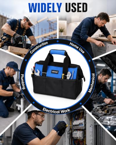 COMOWARE 13-Inch Tool Bag, Zip-top Wide Mouth Open top Tool Bag, Large Capacity Tool Organizer with Inside Pockets, Blue Tool Tote Bag for Carpenter, Mechanic and Home Repair - color: Blue