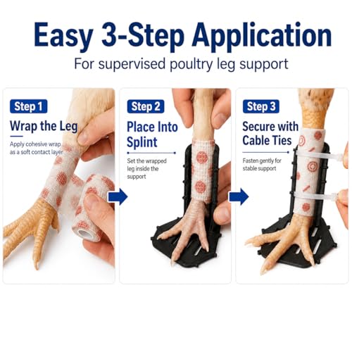 4 Sizes Poultry Leg Splint Set, Chicken Foot and Leg Support Brace Kit with Cohesive Wrap and Cable Ties, Black PET Splints for Chickens, Ducks and Geese