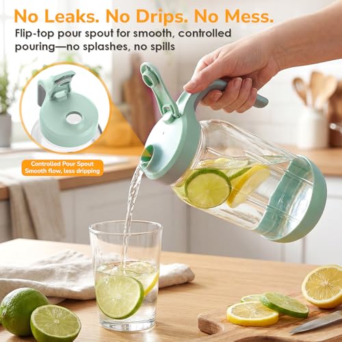 64 oz (2 Qt) Glass Mason Jar Pitcher with Pour Spout Lid & Handle | Airtight Leak-Resistant Flip-Top, Wide Mouth for Ice & Fruit, Non-Slip Silicone Base, Measuring Marks, Fridge Water/Iced Tea - color: Black, size: 64 Ounces