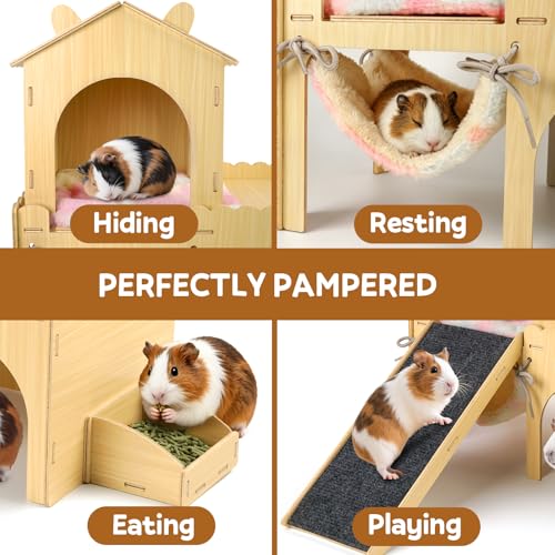 Large Wooden Guinea Pig Hideout, Deluxe 2-Tier Castle with Detachable Snack Feeder, Hammock, Ramp & Accessories - Movable Habitat, Easy Assembly & Clean, Comfort for Rabbits, Hamsters, Guinea Pigs