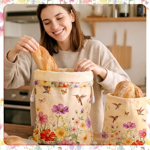 Hushee 2 Pcs Beeswax Sourdough Bread Bags, XL Cotton Line, Wildflower | 13 x 16 Inch Bread Bags for Homemade Bread, Reusable Organic Linen Cotton Storage Bags, Keep Loaves Fresh Longer - style: Wildflowers