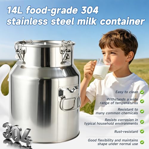 Upgraded 14L 2-in-1 Cordless Electric Milking Machine for Goats, Cows & Sheep, 304 Food-Grade Stainless Steel Bucket, Adjustable Suction Pulsation Vacuum Pump Milker with 4 Teat Cups, Portable Milker