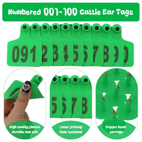 Cattle Ear Tags 201-300 Numbered Large Plastic Livestock Ear Tag,Green | L3'' x W 2.5'' For Sheep Calf Goat Pig,Animal Id Tags For Ranch & Farm Herd Tracking, Laser Print Clear Numbers,Copper Head - color: Green, size: 201-300