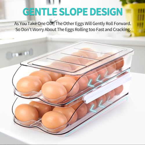 RoskDeewat Egg Holder for Fridge, Automatic Rolling Egg Container for Refrigerator, Stackable Fridge Organizers and Storage with Lid, Clear Plastic Egg Dispenser & Tray (2 Tier) (Pack of 2) - size: 2 Tiers Holder 28 Eggs (Pack of 2)
