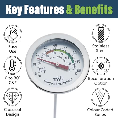 Compost Thermometer Stainless Steel Dial - Ideal Composting Soil Thermometer with 50MM Diameter C and F Dial and 295MM Compost Temperature Gauge Probe