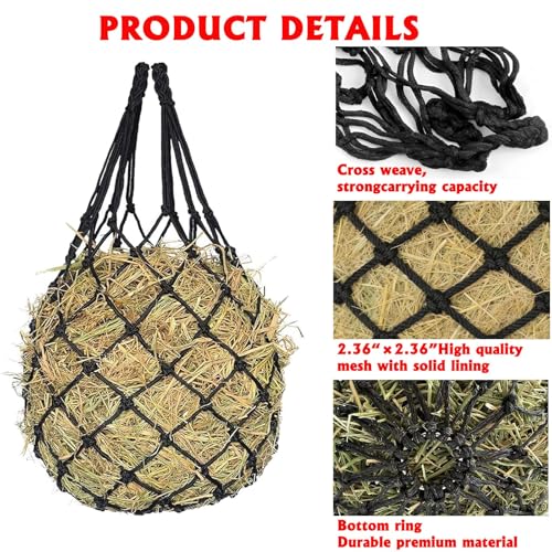 Slow Feed Hay Net for Horses,2 Pack Hanging Feeder for Horses Sheep Goats, Black Nylon Mesh Bag, 40 Inch Length, 2.36 Inch Holes, Cross Weave Design,