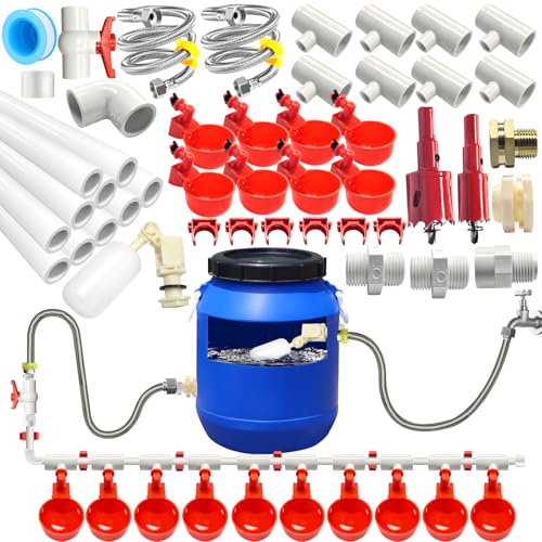 Automatic Chicken Waterer System Kit with Chicken Water Cups Nipples Float Valve Pipeline 58 PCS Complete Set Chicken Water Feeder Dispenser Large Chicken Watering System PVC Poultry Waterer Drinker