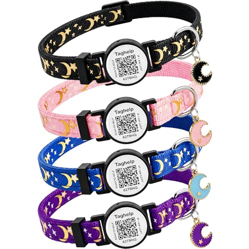 The Ultimate QR Code Pet ID Collar 4-Pack | Breakaway Adjustable Cat Collars with Secure Online Profile | Never Lose Your Cat with Cute Moon & Stars Design (Star & Moons - 4 Pack) - color: Star & Moons - 4 Pack
