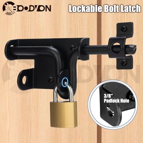 Slide Bolt Gate Latch for Wooden Fence, Sliding Bolt Gate Latch Door Lock Hardware with Padlock Hole, Slide Bolt for Outdoor Gates/Yard Fence/Shed Door/Barn Door, Black, 1 Pack