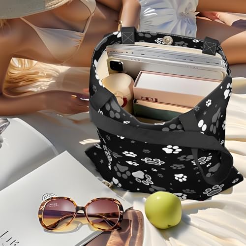 Canvas Tote Bag for Women，Cute Heavy-Duty Shoulder Bag with Zipper Pocket -Travel Tote for Grocery, Gym,Shopping - color: Dog Paw Print and Star