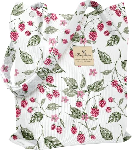 Miss Adola Corduroy Tote Bag for Women with Aesthetic Design | Magnetic Buckle & Pocket, Reusable, Soft, Roomy, Long Shoulder Handles, Double-sided Print, Casual Daily Work, Grocery Bags - color: Berry Botanical, size: Large