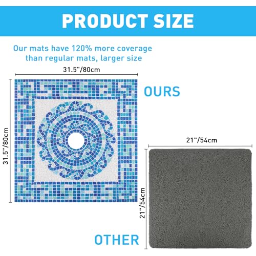 Square Shower Mat Non Slip: 32 x 32 Inch Extra Large Shower Mats with Drain Hole in Middle - PVC Loofah Anti Slip Shower Floor Matt for Inside Shower - color: Blue Mosaic, size: 32" x 32" (Square)