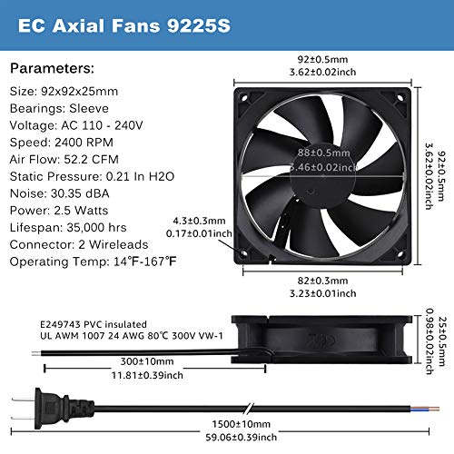GDSTIME AXIAL 9225, New Muffin Fan, 110V 115V 120V 220V 240V AC 90mm 92mm Fan, for DIY Cooling Ventilation Exhaust Projects | AXIAL 9225, Muffin Fan, 80V - 240V, High Speed, for DIY Cooling Ventilation Projects - size: 92x92x25mm