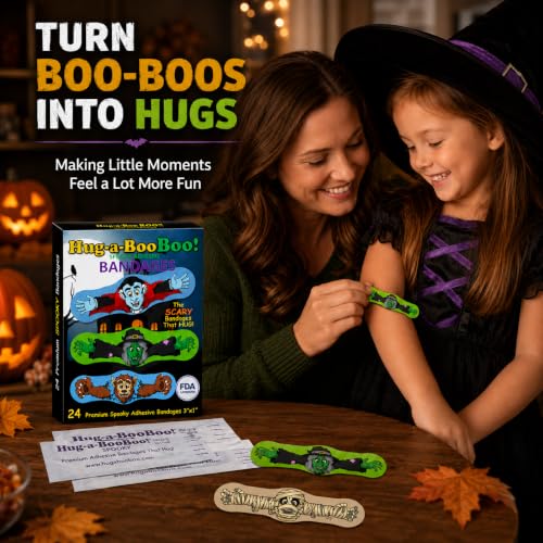 Fun Monsters Adhesive Bandages from Hug-a-Booboo! Spooky Halloween Bandages That Hug! Favorite Scary Monster Characters - Vampire, Witch, Wolfman and Mummy with Hugging Arms! Fun as Stickers 24 Ct Box - size: 24ct, style: Spooky Monsters
