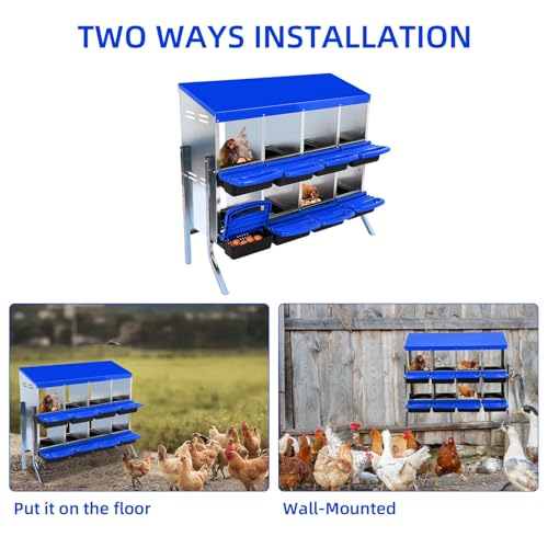 Chicken Nesting Boxes, 8 Hole Metal Chicken Laying Box with with Removable Trays and Roll Out Egg Collection for Chicken Coop, with Metal Bracket, Blue