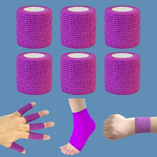 2 Inches Self Adhesive Bandage Wrap Bulk, 6 Pack, Purple | Breathable Self Adhesive Vet Tape for Pets, Stretchy Sports Cohesive Bandage Wrap for Athletic, Wrist and Ankle - color: Purple