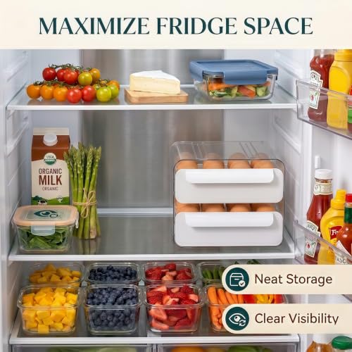 2 Tier Egg Holder for Fridge, Pull Out Egg Organizer for Refrigerator, Double Layer Egg Container for Refrigerator