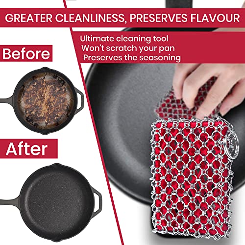 316L Cast Iron Scrubber Chainmail - Chain Mail Scrubber for Skillet, Pan | Cast Iron Cleaner Scrubber and Bamboo Cloth Set - Stainless Steel Chainmail Scrubber for Dutch Oven - Essential Accessory - style: Red CIS with Towel