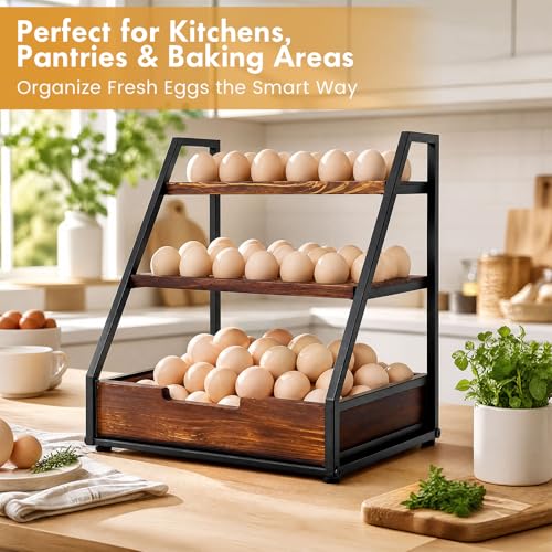 Reallnaive 3-Tier Wooden Egg Holder Countertop with Basket, Fits 36+90 Eggs, Wood Egg Collecting Rack with Carry Handle for Home Kitchen Chicken Duck Quail Eggs Storage Organizer
