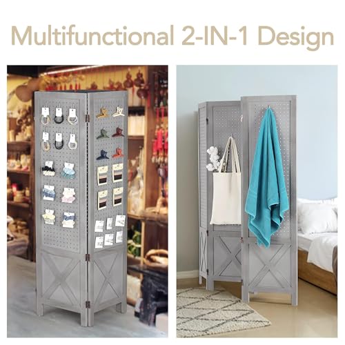 Wnutrees 4 Panel Pegboard Display,5 Ft Folding Privacy Screen Room Divider | Wood Portable Freestanding Board Organizer, Partition for Craft/Art Shows, Retail, Events, Wall Display, Grey - color: Grey