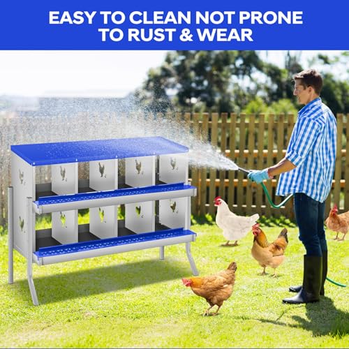8 Compartment Chicken Nesting Boxes, Metal Roll Away Egg Laying Boxes with Removable Tray & Lid Cover, Chicken Coop Nest Box for Hens, Egg Protection Design (with Legs) Blue - color: Blue, size: 8 hole - with leg