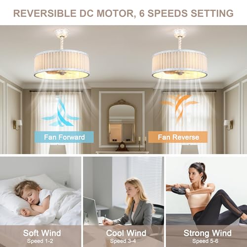 20'' White Boho Ceiling Fan with Lights Remote Caged Fandelier | Small Enclosed Fandalier, Modern Chandelier for Bedroom Nursery Living Room, Reversible 6 Speeds, E26 Bulbs (Not Included) - color: White Cage