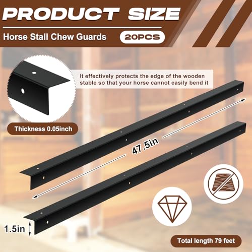Yaocom 20 Pcs 47.5" L x 1.5" W Horse Stall Chew Guards with Screws Pre-drilled Mounting Holes Prevents Horses from Chewing on Wooden Edges, Angle Style, Easy Installation