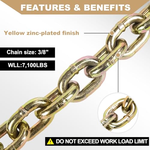 AAIN G80 Transport Chain, 3/8Inch*20 Ft Binder Chain with G70 Grabs 2 Pack | Heavy Duty Trailer Logging Binder Chain | 7,100 lbs WLL | for Transporting Towing Truck Tie Down Binding Equipment - size: 3/8 Inch - 20 FT, style: 2 Pack