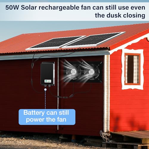 Fanspex Solar 2 Fan Kit with 66.6 Wh Battery Backup for Greenhouse | 50W Solar Powered Rechargeable Weatherproofed for Chicken Coop & Shed Exhausting or Air Circulation - size: 2 Fan Large Kit