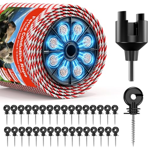 Electric Fence Polywire Kit, 200m/656FT with 50 Insulators & Tool | 6 Stainless Steel Conductors, Weather-Resistant Materials, Fast Fence Setup for Farms, Pastures & Gardens - size: 656ft/200m