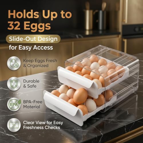 2 Tier Egg Holder for Fridge, Pull Out Egg Organizer for Refrigerator, Double Layer Egg Container for Refrigerator
